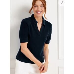 Talbots Plus 2X Beach Terry Johnny Collar Pullover Navy Blue Elbow Length Sleeve